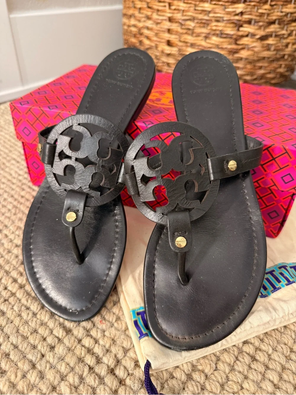 Tory Burch Black Leather Logo Thong Sandals
